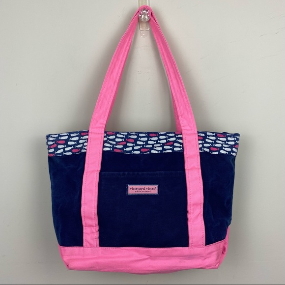 Vineyard Vines | Blue Canvas Tote Bag with Whale Trim Design Along Top Edge - Picture 1 of 17
